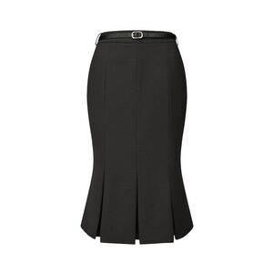 Skirt with Belt Below Knee Length Fishtail Skirt Black